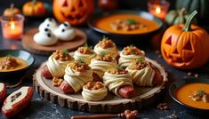 there are many different types of food on the table with pumpkins in the background