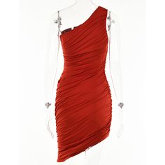 Brick Red Pleated One-shoulder Bodycon Dress Red Off-shoulder Bodycon Dress For Summer, Red Off-shoulder Ruched Mini Dress, Red Ruched Off-shoulder Mini Dress, Red One Shoulder Dress For Summer Nights, Red Off-shoulder Cocktail Bodycon Dress, Red Off-shoulder Bodycon Dress For Cocktail, Red Off-shoulder Bodycon Dress For Date Night, Red Ruched Dress With Asymmetrical Neckline, Red Ruched One-shoulder Party Dress