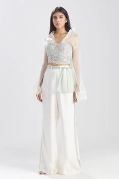 Shop for Megha Bansal Ivory Silk Organza Noor Vrit Embroidered Corset And Pant Set for Women Online at Aza Fashions Corset Pants, Embroidered Corset, Organza Embroidery, Resham Embroidery, Organza Shirt, Shirt Pant, Shirt Pant Set, Pant Set For Women, Sheer Shirt