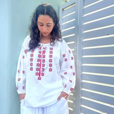 white poplin embroidered top 100% soft washed poplin designed for loose fit full balloon sleeve embroidered yolk and sleeve Navy Embroidery, Poplin Top, Dress Pant, Pant Shirt, Poplin Shirt, Embroidered Top, Top 100, Loose Fitting, Lounge Wear