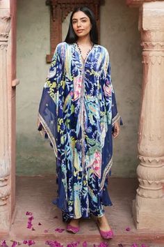 Shop for Ruhr India Blue Silk Velvet Floral Print Kaftan for Women Online at Aza Fashions Kaftan Shirt, Rajdeep Ranawat, Kaftan For Women, Gota Work, Velvet Flares, Yellow Silk, Fashion App, Fabric Silk, Blue Silk