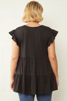 EntroCasual soft solid V neck ruffle cap sleeve babydoll top. Tiering detail. Unlined, knit. Stretchy fabric. Totally cute!Color: BlackSizes: XL-1X-2XBust 44-46-4894% Polyester, 6% Spandex, importedF2/6580P Black Top With Ruffle Hem And Sleeve, Casual Black Top With Flutter Sleeves, Online Clothing Boutiques, Babydoll Top, Neck Ruffle, Soft Knits, Cap Sleeve, Boutique Clothing, Cap Sleeves