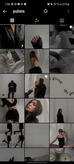 a collage of photos showing the same person in black clothing and heels, with words written on them