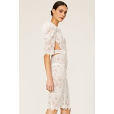 White lace (100% Polyester), lining (95% Polyester, 5% Elastin). Sheath. Scoop neck. Short Sleeves. Back zipper closure. 42" from shoulder to hemline. Imported. White Lace Dress With Scalloped Details, White Scalloped Lace Midi Dress, Off-white Lace Mini Dress, Luxury White Lace Crochet Dress, White Scalloped Lace Knee-length Midi Dress, Bronx And Banco, Dress Rental, Rent The Runway, Closet Designs