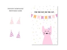 a pink cat with party hats and streamers on it's head is shown