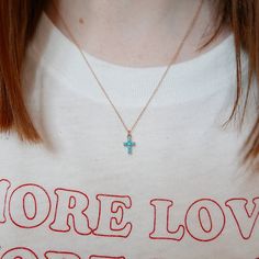 Cross Turquoise Necklace, 14k Gold Crucifix necklace, Small 14k cross necklace, Turquoise cross, Dainty gold cross necklace Symbol Of Hope, Timeless Symbol, Turquoise And Gold, Hope Symbol, Bluish Green, Rose Gold Necklace, Gold Chain, Gold Chains, Turquoise Necklace