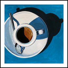 a painting of a coffee cup and spoon on a saucer with a blue background