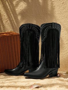 Fashionable Black Pointed Toe Chunky Heel Fringe & Rivet Decor Mid-Calf Western Boots For Date, Party, Events For Christmas And New Year Holiday Black         Women Shoes, size features are:Bust: ,Length: ,Sleeve Length: Western Table Decorations, Black Cowgirl Outfit, Western Party Decorations, Black Cowgirl Boots, Western Boots Women, Party Events, Vintage Punk, Cowgirl Outfits, Western Cowboy Boots