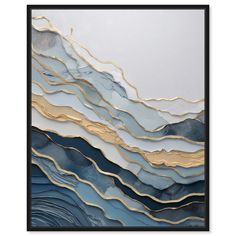 an abstract painting with blue and gold lines on the bottom, against a white background