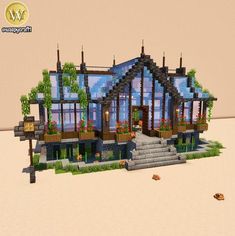 Minecraft Glass House Ideas, How To Build Cool Minecraft Houses, Minecraft Connected Houses, Minecraft Big Builds Ideas, Minecraft Valley Build, End Themed Builds Minecraft, Minecraft Modern Cottage, Glass Garden Minecraft, Minecraft Group House