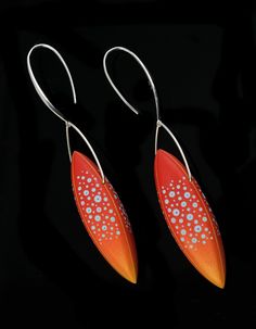 Polymer Earrings - These colorful stirrup drop earrings celebrate the glories of summers abundance, as the fruits of autumn richly hold the promise of the seasons to come. These colorful stirrup drop dangles celebrate that covenant in the rich hues of fall, bespeckled with a splash of turquoise and violet spots.<br><br>Each blossom is individually sculpted with layers of polymer clay over an original hand formed artist mold. The result is a hollow, lightweight design that really make Orange Teardrop Sterling Silver Earrings, Orange Teardrop Earrings For Formal Occasions, Vibrant Orange Drop Earrings, Formal Orange Teardrop Earrings, Multicolor Teardrop Earrings For Formal Occasions, Autumn Earrings, Clay Figurines, Polymer Clay Jewelry Tutorials, Polymer Earrings