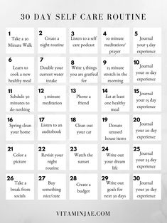 the 30 day self care routine is shown in black and white with text overlay