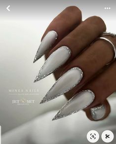 White Stiletto Nails, Silver Nail Designs, White And Silver Nails, Milky Nails, Stiletto Nails Designs, Acrylic Nails Coffin Pink, Nail Fashion