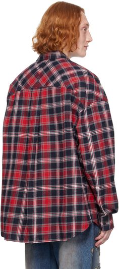 Oversized cotton flannel shirt. Check pattern throughout. · Spread collar · Button closure · Logo embroidered at chest · Shirttail hem · Raglan sleeves · Single-button barrel cuffs · Box pleat at back yoke Supplier color: Red Cotton Flannel Shirt With Button Cuffs, Cotton Flannel Shirt With Button Cuffs For Work, Long Sleeve Flannel Shirt With Button Cuffs For Work, Long Sleeve Cotton Flannel Shirt, Cotton Button-up Flannel Shirt For Daywear, Flannel Long Sleeve Work Shirt, Plaid Long Sleeve Shirt For Daywear, Long Sleeve Flannel Shirt For Work, Plaid Collared Shirt With Button Cuffs