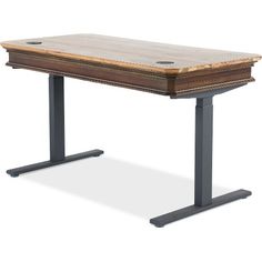 an office desk with a wooden top and metal legs, viewed from the front view