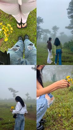 four different pictures of people in the fog and grass with flowers on their feet, one person holding a flower