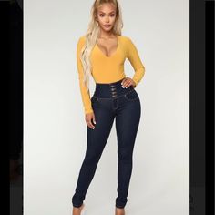 These Super Chic 1955 Vintage Skinny Jeans Have A Super High-Rise Double Waist In A Corset Style With Exposed Button Fly & Zipper Closure. Dark Denim Antique Blue Wash With Slight Distressing & Factory Fading, Embroidered Design On Back Pockets & Label Leather Patch Sewn On Back. Stretch Jegging Style Jeans With Hems That Can Be Rolled Or Cuffed Or Left Undone. I Love The Awesome Adjustable Buckle Piece On The Back To Make These Even More Unique! Size 3, Cotton Blend, Perfect Brand New Condition Fitted Yellow Denim Bottoms, High Waist Yellow Denim Jeans, Yellow High Waist Denim Jeans, Fitted High Waist Yellow Jeans, Mustard Fashion, Burgundy Fashion, V Neck Bodysuit, Antique Blue, Style Jeans