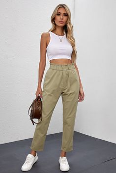 Khaki High Rise Paper Bag Waist Pocketed Casual Pants Casual Khaki Paperbag Waist Pants, Casual Paperbag Waist Khaki Pants, Spring Cargo Pants With Paperbag Waist, Spring Cargo Pants With Paperbag Waist And Pockets, Khaki Pants With Pockets For Day Out, Khaki Paperbag Waist Pants With Pockets, Fall Paperbag Waist Pants With Pockets, Sequin Flare Pants, Short Sleeve Floral Dress