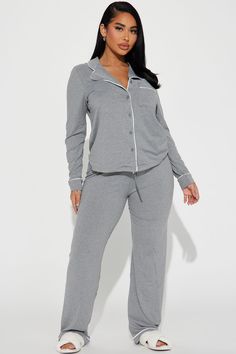 Available In Black And Heather Grey. 2 Piece PJ Set Long Sleeve Collared Shirt Button Front Front Pocket Matching Pant Elastic Waistband Full Stretch Final Sale 95% Polyester 5% Spandex Imported | In The Morning PJ Pant Set in Heather Grey size Small by Fashion Nova Grey Pajamas, Glam Closet, Winter Pajamas Women, Silk Pjs, Long Sleeve Collared Shirt, Stephanie Rao, Pj Pant, Gal Gadot Wonder Woman, Sleepwear Fashion