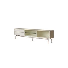 a white entertainment center with two drawers on one side and an open shelf on the other