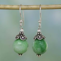 Aventurine stones in an alluring shade of light green dangle attractively in these earrings designed by Narayannii of India. Above and beneath the gemstones, dot motifs adorn handcrafted sterling silver accents. Easy Earrings, 2024 Jewelry, Diy Bling, Bead Dangles, Beaded Things, Earring Inspiration, Jewerly Making, Jewelry Organizer Diy, Earring Designs