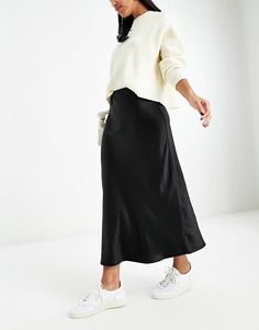 Mango midi satin skirt in black | ASOS Chic Satin Maxi Skirt For Work, Chic Satin Skirt For Fall, Relaxed Satin Skirt For Fall, Sleek Relaxed Skirt For Fall, Flowy Satin Skirt For Fall, Sleek Relaxed Fall Skirt, Sleek Midi Skirt For Fall, Workwear Satin Flared Skirt, Flared Satin Skirt For Workwear