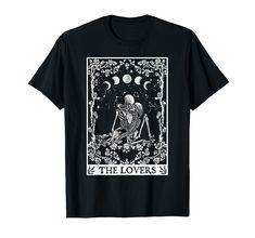 the lovers tarot card t - shirt with skeleton on it and moon in background