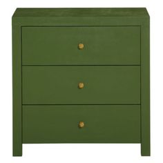 a green dresser with two drawers and gold knobs on the bottom, against a white background