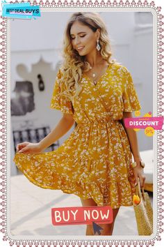 Spring Summer Sexy Short Floral Dress Women Butterfly Sleeve V Neck Print Party Dresses for Women Casual Ruffles Yellow V-neck Dress With Ruffle Hem, Chic Ruffled Non-stretch Mini Dress, Chic Non-stretch Ruffled Mini Dress, Chic Non-stretch Mini Dress With Ruffles, Non-stretch Mini Dress With Ruffles And Short Sleeves, Flirty Non-stretch Mini Dress, Elegant Non-stretch Ruffled Mini Dress, Elegant Non-stretch Mini Dress With Ruffles, Vacation Dresses With Ruffle Hem