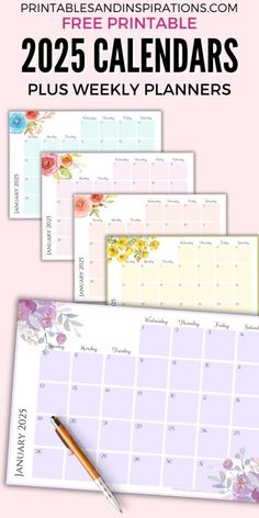 the free printable calendar is shown in three different colors and sizes, with flowers on it