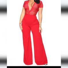 Size Medium Lace Jumpsuit Deep V Neck Key Hole Back With Button Closure Wide Leg Party Bodysuit With Short Sleeves, Casual Party Overalls, Formal V-neck Bodysuit, Chic Red High Waist Jumpsuits And Rompers, Chic Red High-waisted Jumpsuits And Rompers, Casual High Waist Pantsuit For Party, Chic Red Short Sleeve Jumpsuits And Rompers, Red Fitted V-neck Jumpsuits And Rompers, Red Wide Leg Pantsuit For Party