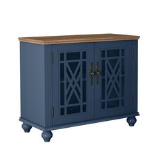 a blue cabinet with wooden top and two doors