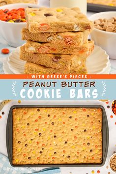 peanut butter cookie bars are stacked on top of each other and ready to be eaten