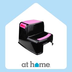 a couple of black and pink chairs sitting next to each other on top of a blue background