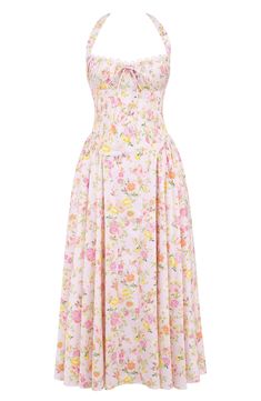 Fall for the retro-inspired silhouette of this halter dress designed with a pleated corseted bodice and a flared skirt. Exclusive retailer Halter neck Lined 65% cotton, 32% nylon, 3% elastane Dry clean Imported Floral Dress Outfit Summer, Halter Sundress, Fashion Stand, Midi Sundress, Lace Bustier, Floral Sundress, Pink Floral Print, Pink Floral Dress, Vintage Floral Print