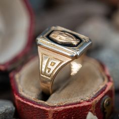 This awesome antique "FHS" class ring dates from 1931 and is crafted of 14k yellow gold. This ring is currently a size 6 and we offer complimentary resizing to fit. We left the ring unpolished with its natural patina. September Birthstone, Gold Enamel, The Ring, High Quality Jewelry, Yellow Gold Rings, Estate Jewelry, Class Ring, Patina, Dates