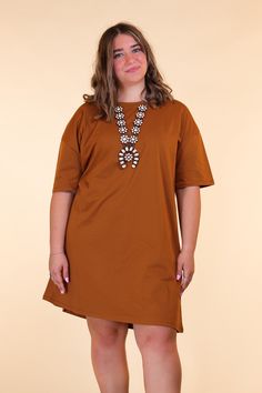 Elevate your everyday fashion with our Rust T-Shirt Dress, a versatile and chic addition to your wardrobe. This dress effortlessly combines comfort and style, making it a must-have piece for any fashion-conscious individual. Chic Cotton T-shirt Dress For Summer, Chic Crew Neck T-shirt Dress For Summer, Chic Cotton T-shirt Dress For Spring, Trendy Crew Neck T-shirt Dress For Day Out, Chic Cotton T-shirt Dress, Cotton T-shirt Dress For Everyday, Trendy Cotton T-shirt Dress For Loungewear, Rust Color, Body Measurements