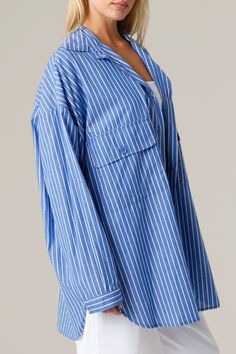 this oversize button down shirt can be styled and worn in multiple ways. pair with a white tank and denim for an effortlessly cool look, or can be worn as a cover up for the pool or beach. 100% cotton hand wash cold | hang to dry oversized fit | if in between sizes, size down model is wearing size small/medium Oversize Button Down Shirt, Oversized Button Down Shirt, Romper With Skirt, White Tank, Dress Romper, The Pool, Hat Hairstyles, Handbags On Sale, Sweater Jacket