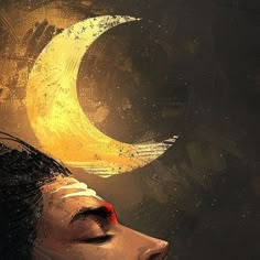 a painting of a woman's face with the moon in the background