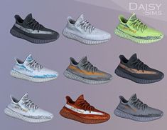 six different colored sneakers are shown in this image