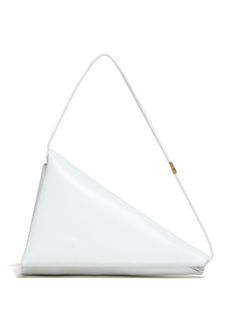 white calf leather smooth grain debossed logo to the rear triangle shape detachable shoulder strap foldover top with magnetic fastening top zip fastening partitioned compartment gold-tone hardware Modern Triangle Bag With Detachable Strap, Modern Triangular Shoulder Bag With Removable Pouch, Modern Triangle Shoulder Bag With Removable Pouch, White Structured Shoulder Bag For Everyday Use, Modern Triangle Shoulder Bag For Evening, Modern Triangle Shoulder Bag For Evenings, White Structured Formal Bag, Minimalist White Shoulder Bag For Evening, Marni Bag