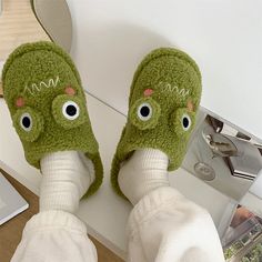 Material: Faux Fur Frog Slippers, Winter Cartoon, All Black Shoes, Cute Frog, Fuzzy Slippers, Aesthetic Shoes, Cute Frogs, Cartoon Cute, Pretty Shoes