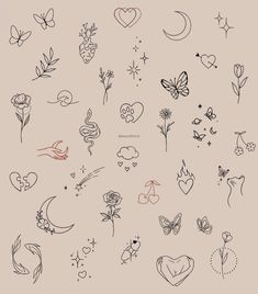 various tattoo designs are shown on a beige background, including hearts and flowers with stars