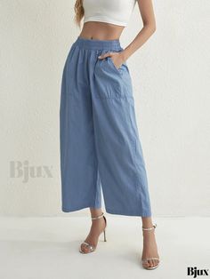 Bjux - Vintage Blue Wide Leg Denim Pants with Elastic Waistband and Large Slash Pocket - Womens Stylish Denim Jeans & Apparel Baggy Light Wash Summer Bottoms, Summer Light Wash Baggy Bottoms, Summer Baggy Washed Blue Pants, Medium Wash Summer Pants With Pockets, Summer Medium Wash Pants With Pockets, Non-stretch Medium Wash Summer Pants, Summer Washed Blue Denim Pants, Light Wash Pants With Pockets For Summer, Light Wash Jeans With Elastic Waistband For Summer