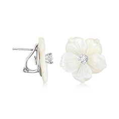 Ross-Simons - Italian Mother-of-Pearl, .40ct t. w. Cubic Zirconia Flower Earrings in Silver. This beautiful pair of earrings will cast an angelic aura over your entire ensemble. Made in Italy, the 20x20mm mother-of-pearl carved flowers are sparked with radiant .40 ct. t. w. round brilliant-cut CZs at their centers. Crafted in sterling silver. Clip/post, CZ and mother-of-pearl flower earrings. Pearl birthstones are the perfect gift for June birthdays. Unique Wedding Earrings, Unique Pearl Earrings, Carved Flowers, Pearl Birthstone, Mother Of Pearl Earrings, Fine Jewelery, Earrings Pearl, Pearl Flower, Mother Pearl