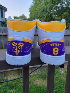 Custom Kobe inspired Jordan 1s. Can do any players theme and colors! Please make sure you choose the correct size, all sales are final  Any questions inbox me first please. *Save $25 ordering from my website BrockKustomz.com* Shoes are Unisex men 7= womens 8.5 and so fourth.  In example For a 7 you may receive a women's 8.5. The shoe will be the exact same. Shoes Customized, Curry Shoes, Jordan 1s, Sneakers Athletic, Kansas City Mo, Unisex Shoes, On Shoes, Jordan 1, Nice Shoes