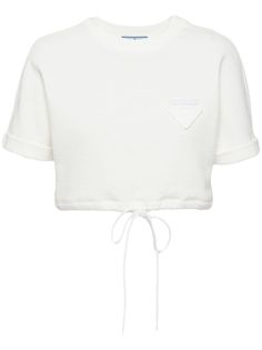 white cotton round neck short sleeves cropped drawstring fastening waist White Crew Neck Top With Drawstring, White Drawstring Crew Neck Top, Sporty White Top With Drawstring, Prada Crop Top, Wardrobe Edit, Yoko London, City Dress, Summer Beach Wear, Exclusive Fashion