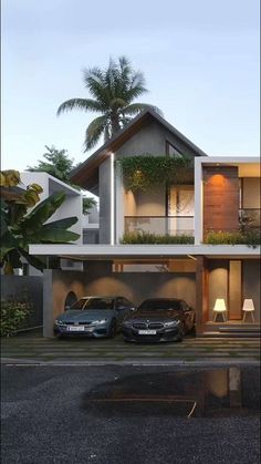 two cars are parked in front of a house with plants on the roof and balconies