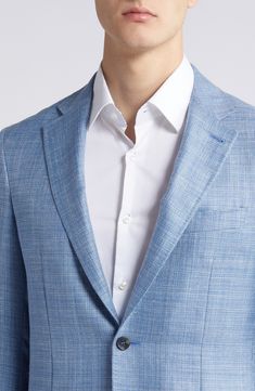 Woven in a mélange of pale blues, this sport coat crafted from wool, silk and linen features traditional detailing and smartly elevates any semiformal look. 30" length (size 54EU) Notched lapels Nonfunctional four-button cuffs Cuff buttons may not be attached. Jackets purchased at full price can have the sleeve length customized for free at your local Nordstrom Chest welt pocket; front flap pockets Lined 68% wool, 20% silk, 12% linen Dry clean Made in Italy Light Blue Notch Lapel Blazer For Business Casual, Blue Linen Blazer For Semi-formal Occasions, Blue Linen Sport Coat With Welt Pockets, Classic Blue Linen Sport Coat, Light Blue Single Breasted Blazer For Business Casual, Blue Linen Business Blazer, Light Blue Single-breasted Blazer For Business Casual, Blue Linen Blazer For Business, Blue Linen Single Breasted Sport Coat