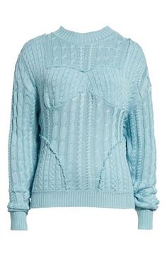 Playfully mixed cable stitches and fraying trim bring the designer's contemporary energy to a silk-blend sweater in an aqua-inspired hue. 22 1/2" length (size Medium) Crewneck Long sleeves Ribbed cuffs and hem 55% silk, 45% viscose Machine wash, line dry Imported Designer Clothing Cable Stitch, Blue Sweater, Tiffany Blue, Mulberry Silk, Blue Sweaters, Designer Clothing, Cable, Nordstrom, Long Sleeves